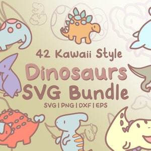 42 Dinosaurs Svg Bundle - Lindas imágenes de dinosaurios estilo Kawaii en archivos SVG, png, dxf o eps para usar como imágenes prediseñadas