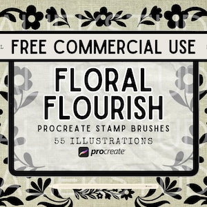 May include: Digital art product advertisement. The image features the text "FREE COMMERCIAL USE" and "FLORAL FLOURISH" with "PROCREATE STAMP BRUSHES" and "55 ILLUSTRATIONS". The design includes black floral patterns and a Procreate logo.