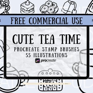 May include: A digital illustration of a tablet screen displaying a set of 55 Procreate stamp brushes for creating cute tea time illustrations. The text "CUTE TEA TIME" and "PROCREATE STAMP BRUSHES" are displayed on the screen. The text "55 ILLUSTRATIONS" is also displayed on the screen. The Procreate logo is displayed on the screen.