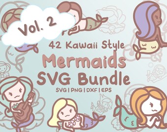 May include: A set of 42 Kawaii style mermaid illustrations in SVG format. The mermaids are drawn in a cute, cartoon style with bright colors and playful expressions. The text "Vol. 2" and "SVG Bundle" are also included in the image.