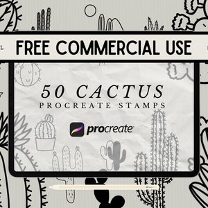 May include: A digital illustration of 50 cactus stamps for Procreate. The stamps are black and white and feature a variety of cactus designs. The image also includes the text "FREE COMMERCIAL USE" and "50 CACTUS PROCREATE STAMPS".