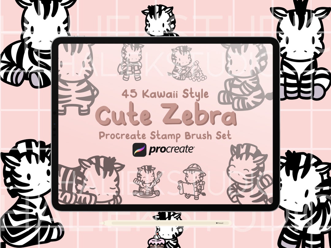 45 Zebra Procreate Stamps Brush Set Cute Kawaii Style Procreate Brushes