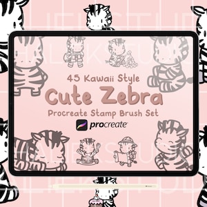 May include: A digital illustration of a tablet screen displaying 45 cute zebra illustrations in a kawaii style. The text "45 Kawaii Style Cute Zebra Procreate Stamp Brush Set" is displayed on the screen. The Procreate logo is also displayed on the screen.