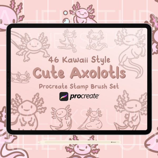 46 Axolotls Procreate Stamps Brush Set - Cute Kawaii Style Procreate Brushes