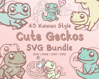 Könnte beinhalten: Ein digitales Download-Paket mit 45 niedlichen Geckos im Kawaii-Stil als SVG-Dateien. Die Geckos sind in verschiedenen Posen und Farben illustriert, darunter Grün, Blau, Gelb und Braun. Der Text "45 Kawaii Style Cute Geckos SVG Bundle" ist in brauner Schrift auf rosa Hintergrund dargestellt. Der Text "SVG | PNG | DXF | EPS" ist in weißer Schrift auf rosa Hintergrund dargestellt.