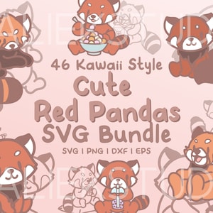 46 Pacote SVG de Pandas Vermelhos - imagens fofas de Kawaii ou Chibi Red Panda em arquivos SVG, png, dxf ou eps para usar como clipart