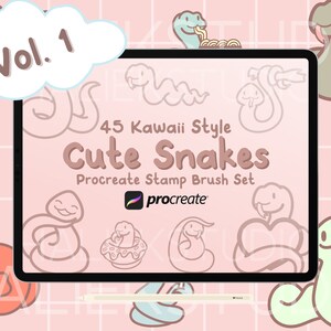 Puede incluir: La pantalla de una tableta digital muestra un conjunto de 45 ilustraciones de serpientes de estilo kawaii. El texto "Vol. 1 45 Kawaii Style Cute Snakes Procreate Stamp Brush Set" se muestra en la pantalla. El logotipo de Procreate también se muestra en la pantalla.