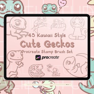 Può includere: Un'illustrazione digitale di uno schermo di tablet che mostra 45 illustrazioni di gechi carini in stile kawaii. Il testo sullo schermo recita "45 Kawaii Style Cute Geckos Procreate Stamp Brush Set" con il logo Procreate. Lo sfondo è un motivo a griglia rosa.