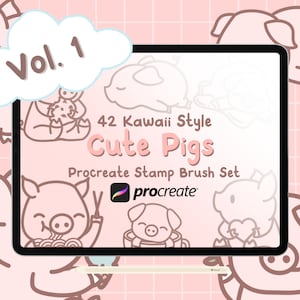 Juego de 42 pinceles para sellos Procreate con cerditos adorables: pinceles Procreate con cerditos adorables en estilo kawaii