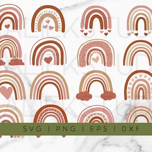 16 Earthy Pink Boho Rainbow svg, Boho Rainbow Clipart, Rainbow Cricut File, Hearts Rainbows, Boho Nursery decor, Boho Rainbow SVG Bundle