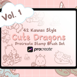 Könnte beinhalten: Eine digitale Illustration eines Tablet-Bildschirms, auf dem ein Satz von 42 niedlichen Drachenillustrationen im Kawaii-Stil angezeigt werden. Der Text "Vol. 1 42 Kawaii Style Cute Dragons Procreate Stamp Brush Set procreate" wird auf dem Bildschirm angezeigt.