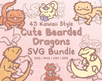 Könnte beinhalten: Ein Set mit 45 Kawaii-Style SVG-Schnittdateien mit niedlichen Bartagamen in verschiedenen Posen. Der Text "45 Kawaii Style Cute Bearded Dragons SVG Bundle" wird in der Mitte des Bildes angezeigt. Der Text "SVG | PNG | DXF | EPS" wird unter dem Haupttext angezeigt.