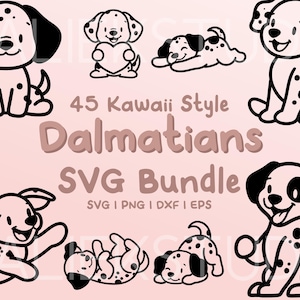 Paquete SVG de 45 perros dálmatas: lindas imágenes de perros dálmatas kawaii o chibi en archivos SVG, png, dxf o eps para usar como imágenes prediseñadas