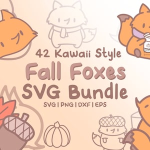 42 Fall Foxes Svg Bundle - Cute Kawaii ou Chibi Fox avec des citrouilles et des images sur le thème de l'automne dans les fichiers SVG, png, dxf ou eps à utiliser comme clip art
