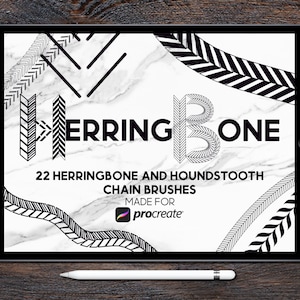 May include: A digital tablet displays the text "HERRINGBONE" in a decorative font, with the words "22 HERRINGBONE AND HOUNDSTOOTH CHAIN BRUSHES MADE FOR procreate" below. The tablet is on a wooden surface, with a stylus pen.