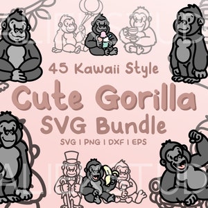 45 Gorillas SVG Bundle - Cute Kawaii or Chibi Gorillas images in SVG, png, dxf, or eps files to use as clip art