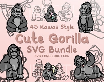 45 Gorillas SVG Bundle - Cute Kawaii or Chibi Gorillas images in SVG, png, dxf, or eps files to use as clip art