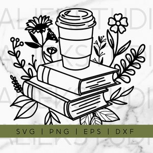 Libros y café con flores imagen svg, png, eps, dxf - 1 línea dibujo flor boceto descarga digital para Cricut, Silueta o Clip Art