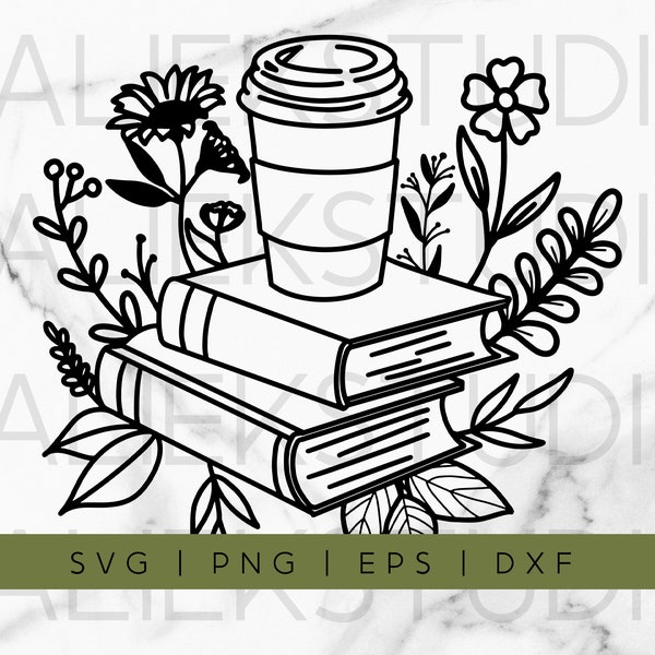 Books and Coffee with flowers image svg, png, eps, dxf - 1 line drawing flower sketch digital download for Cricut, Silhouette or Clip Art