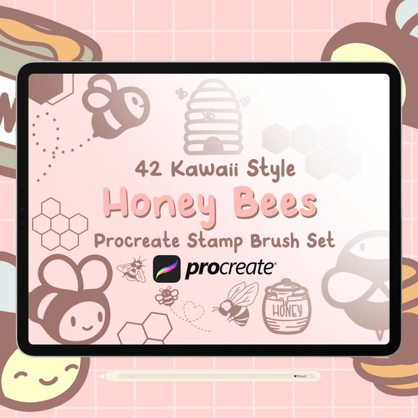 42 Procreate Honeybee Stamps, Cute Kawaii Procreate Stamps, Procreate Cute Bees, Doodle Procreate Brushes with Commercial Use
