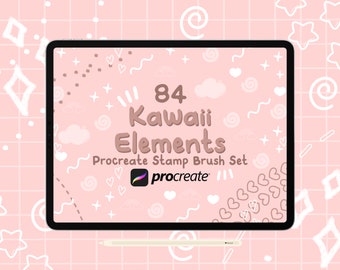 84 Procreate Kawaii Elements Stamps and Brushes - Cute Kawaii Procreate Stamps Brush Set