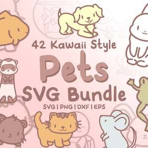 Lot de 42 animaux de compagnie - images d'animaux de compagnie de style kawaii mignons dans des fichiers SVG, png, dxf ou eps à utiliser comme clipart