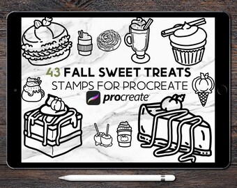 May include: 43 black and white illustrations of fall-themed sweet treats, including cupcakes, pies, cakes, and drinks. The illustrations are designed for use with the Procreate app.