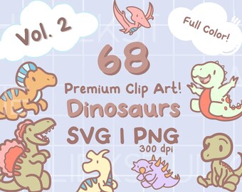 68 imágenes prediseñadas de dinosaurios kawaii: archivos SVG y PNG chibi (volumen 2)