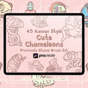 May include: A digital illustration of 45 kawaii style cute chameleon stamp brushes for Procreate. The image shows a tablet screen with a variety of chameleon designs in different poses. The text "45 Kawaii Style Cute Chameleons Procreate Stamp Brush Set" is displayed on the screen.