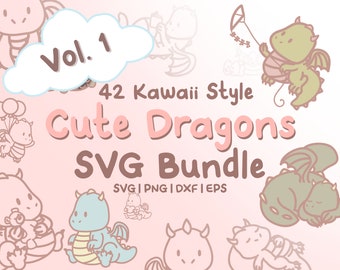 Kawaii Dragon SVG Bundle - 42 Cute Chibi Clipart (Digital Download)