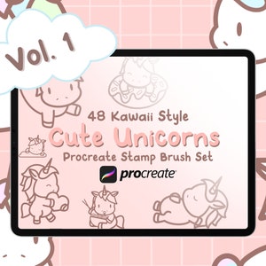 48 Procreate Cute Unicorns Vol. 1, Cute Kawaii Procreate Stamps, Procreate Cute Kawaii Unicorn Procreate Brushes