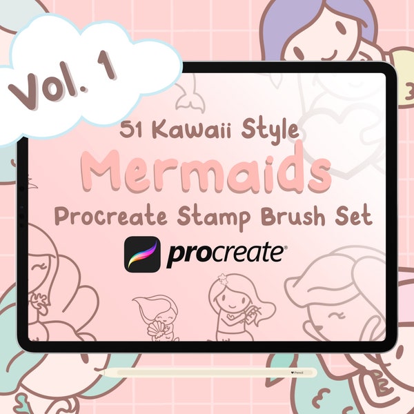 51 Kawaii Mermaids Stamps Procreate Brush Set - Mermaids Procreate Brushes