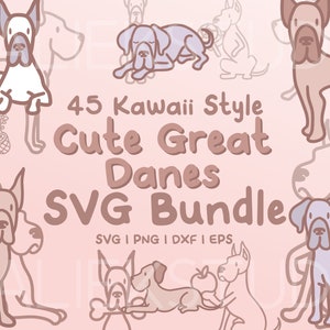 45 Cute Great Danes SVG Bundle - Cute Kawaii or Chibi Great Dane images in SVG, png, dxf, or eps files to use as clip art