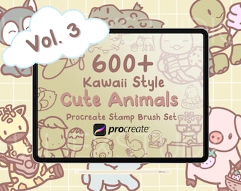 600+ Kawaii Tiere Procreate Briefmarken, süße Doodle Pinsel - Vol. 3 (Digitaler Download)