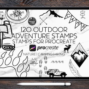 Procreate 用 120 種類の Procreate アウトドア アドベンチャー スタンプ - Procreate 用に作られた自然、キャンプ、ハイキング、アウトドア スタンプ