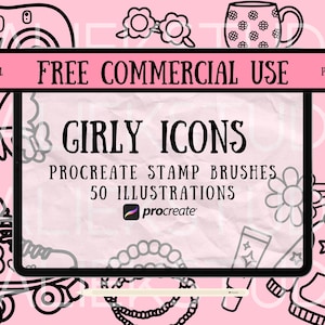 May include: Pink digital art graphic with the text "GIRLY ICONS" and "FREE COMMERCIAL USE". The image features illustrations of a butterfly, roller skates, sunglasses, a mug, a drink, and other girly icons. The Procreate logo is also visible.
