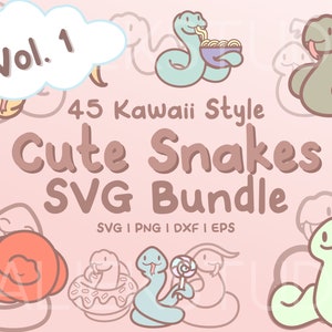 Paquete SVG de 45 serpientes lindas: lindas imágenes de serpientes Kawaii o Chibi en archivos SVG, png, dxf o eps para usar como imágenes prediseñadas
