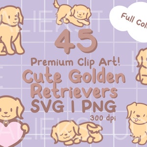 45 Cute Golden Retrievers Premium Clip Art Bundle - Cute Kawaii or Chibi Full Color Golden Retriever images in SVG and Transparent PNG Files