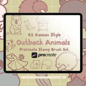 Pode incluir: Ilustração digital num tablet com 42 Animais do Outback em estilo Kawaii. O tablet exibe um Procreate Stamp Brush Set com desenhos de animais adoráveis numa paleta de cores suaves, incluindo um canguru, um coala e um ornitorrinco. Uma caneta stylus na parte inferior.