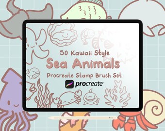 50 Kawaii Meerestiere Procreate Briefmarken Pinsel Set (Digitaler Download)