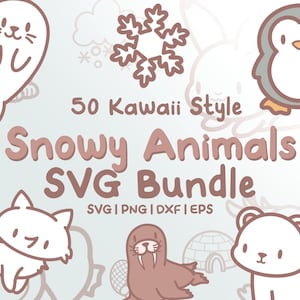 50 besneeuwde dieren Svg-bundel - schattige kawaii-stijl pooldierenafbeeldingen in SVG-, png-, dxf- of eps-bestanden om als illustraties te gebruiken