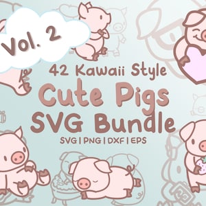 Paquete SVG de 42 cerditos lindos, vol. 2: lindas imágenes de cerditos kawaii o chibi en archivos SVG, png, dxf o eps para usar como imágenes prediseñadas