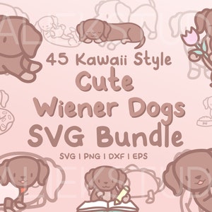 45 Cute Wiener Dogs SVG Bundle - Cute Kawaii or Chibi Wiener Dogs or Daucshunds images in SVG, png, dxf, or eps files to use as clip art