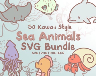 50 Kawaii Meerestiere SVG Bundle - Niedlicher Ozean Clip Art (digitaler Download)