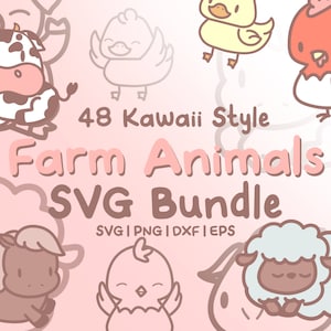 48 Farm Animals Svg Bundle - Cute Kawaii style farm animal images in SVG, png, dxf, or eps files to use as clip art