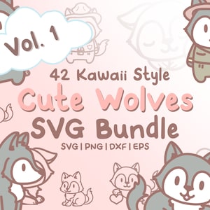 42 Cute Wolves Svg Bundle - Imagens fofas de Kawaii ou Chibi Wolf em arquivos SVG, png, dxf ou eps para usar como clipart