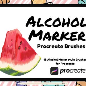 Peut inclure: Une illustration numérique d'une tranche de pastèque sur un fond blanc. Le texte "Alcohol Marker Procreate Brushes" est affiché au-dessus de la pastèque. Sous la pastèque, le texte "18 Alcohol Maker style Brushes for Procreate" est affiché. Le logo Procreate est affiché sous le texte.