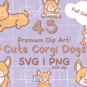 45 süße Corgis Hunde Premium Clip Art Bundle - Süße Kawaii oder Chibi Vollfarb Corgis Hunde Bilder in SVG und transparenten PNG Dateien