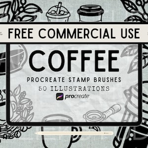 May include: A digital illustration of a coffee cup with steam coming out of it. The image is on a tablet screen with the text "COFFEE" and "PROCREATE STAMP BRUSHES 50 ILLUSTRATIONS" on the screen. The image is surrounded by coffee beans and coffee plants.