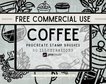 50 Coffee Stamps Procreate Brush Set: Commercial Use